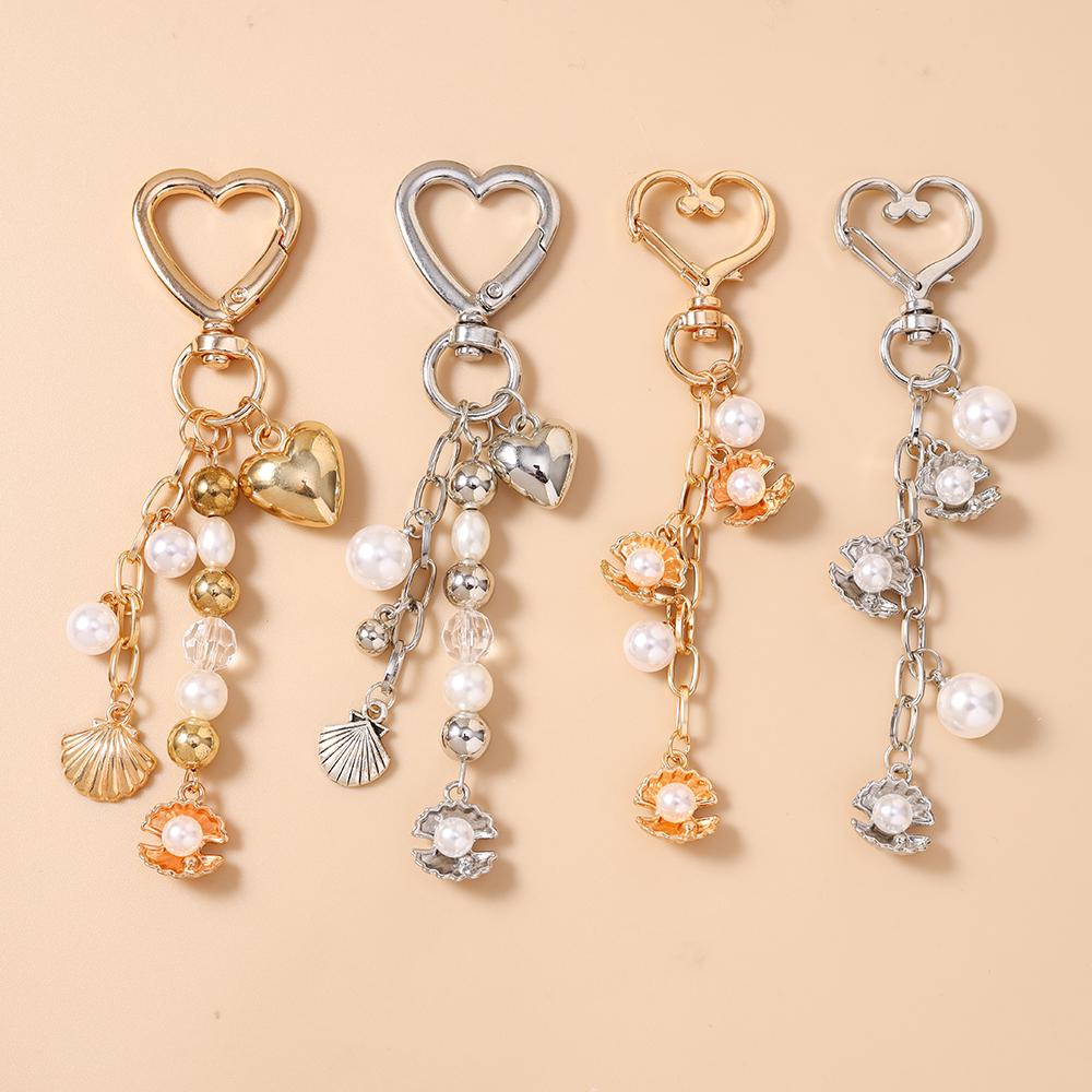 Fashion Summer Beach Shell Keychain Pearl Beaded Key Ring Pendants for Women Girls Handbag Decor DIY Key Chain Jewelry Gifts