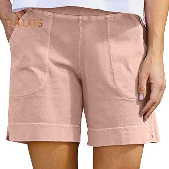 Women's Cotton Linen Shorts Elastic Waist Baggy Short Pants with Pockets Casual Knee-Length Summer Shorts