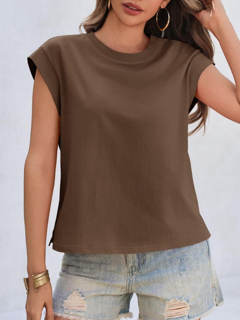 Women's Cotton Cap Sleeve Tank Top Crew Neck Loose Fit Summer T Shirt