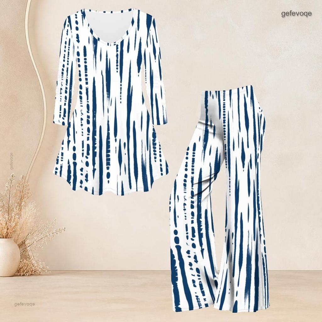 Women Plus Size White Navy Blue Printed V Neck Three Quarter Sleeve Flared Top Flared Pants Two Piece Set