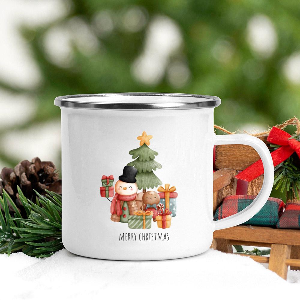 

Snowman Printed Mug Enamel Coffee Milk Juice Cup white Handle Wine Beer Mugs Banquet Table Decorations Winter Christmas Eve Gift 360ml