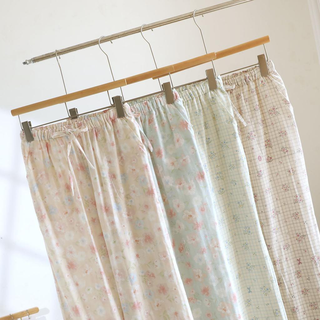 2026 Spring/Summer Women's Sleeper Pants 100% Cotton Gauze with Floral Pattern Grid Gauze Pants Thin Home Pants Bottoms Womens