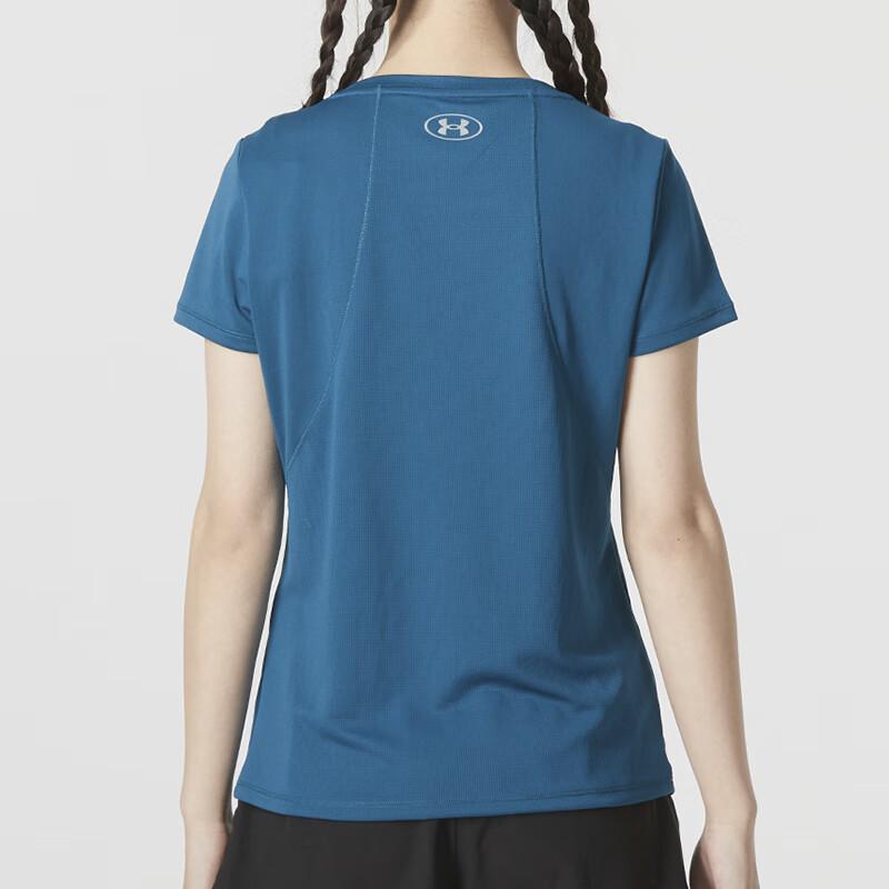 Under Armour Solid Color Sports Fitness Round Neck Short Sleeve T-Shirt Women Tops Blue-Green 23500508-343