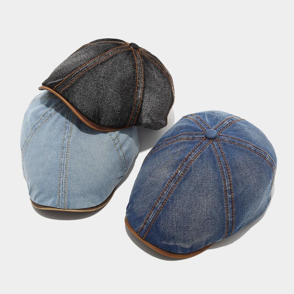 Fashion Washed Denim Beret Hat Short Brim Vintage Newsboy Cap Adjustable Peaked Cap Unisex