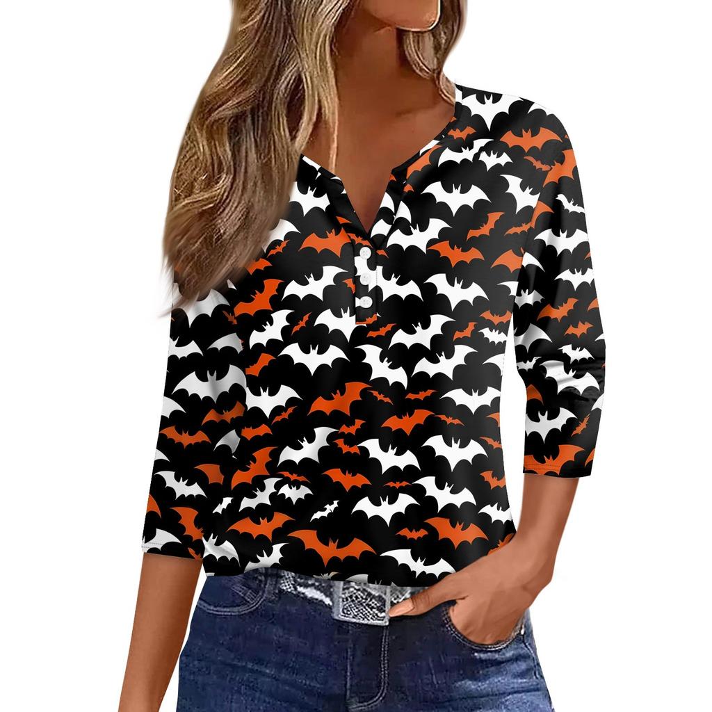 Women's T Shirt Halloween Print Button 3/4 Sleeve Daily Weekend Fashion Basic V- Neck Regular Top