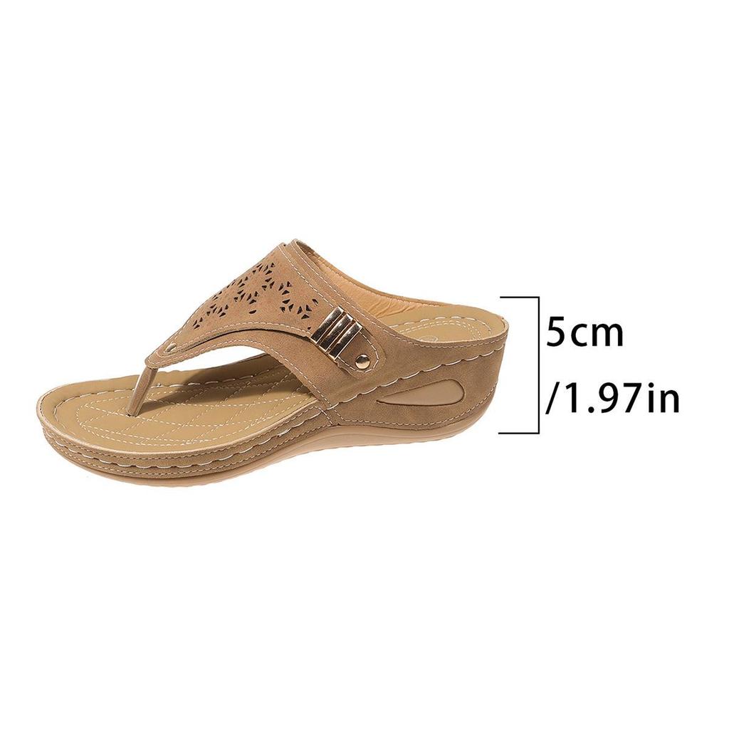 2024 Summer Women's Plus Size Round Toe Thick Sole Fashion Sandals - Solid Color & Hollow Out Thong Style