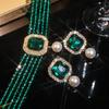 Vintage Multilayer Green Red Blue Black Crystal Necklace Geometric Square Zircon Earrings For Women Weddings Banquet Zircon Sets