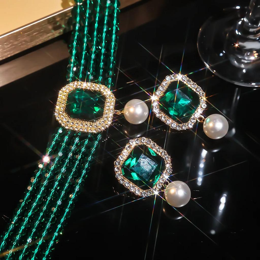 Vintage Multilayer Green Red Blue Black Crystal Necklace Geometric Square Zircon Earrings For Women Weddings Banquet Zircon Sets