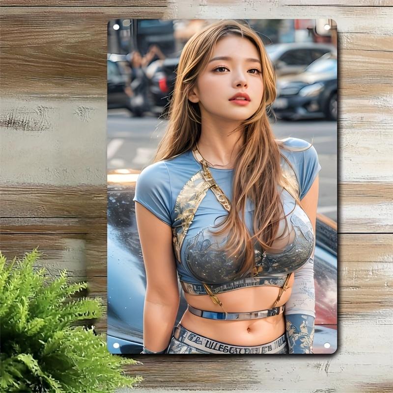 Vintage Stunning Blonde Beauty with Long Wavy Hair In Blue Gold Futuristic Crop Top Outfit Posing by Car In Urban Street Setti 20X30CM