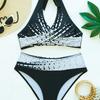 Damen Schwarz Weiß Geometrisches Neckholder-Bikini-Set Wickel-Front Hohe Taille Zweiteiliger Badeanzug