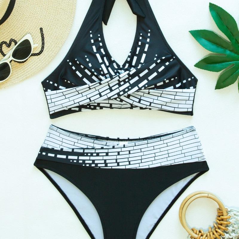 Damen Schwarz Weiß Geometrisches Neckholder-Bikini-Set Wickel-Front Hohe Taille Zweiteiliger Badeanzug