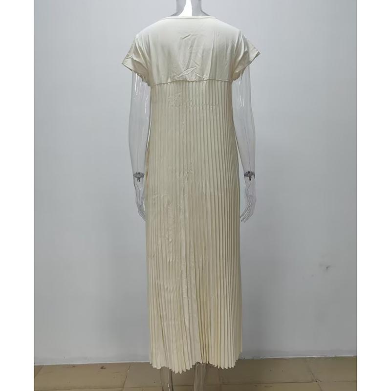 Summer Fashion Solid Plus Size Dress Women Round Neck Short Sleeve Loose Pleated Casual Dresses Women Elegant Vintage Simple Slim Ladies Dress 25546