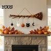 Lighted Autumn Broom Hanging Halloween Witch Wall Decor with LED Light, Thanksgiving Fall Front Door Cute Ghost Star Moon Sign Pumpkin Cat,