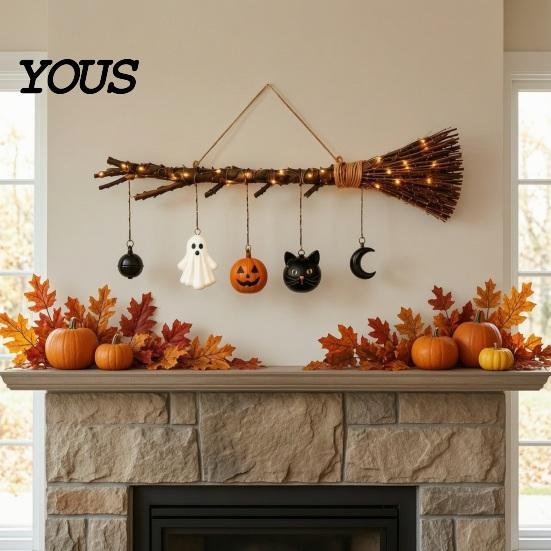 Lighted Autumn Broom Hanging Halloween Witch Wall Decor with LED Light, Thanksgiving Fall Front Door Cute Ghost Star Moon Sign Pumpkin Cat,