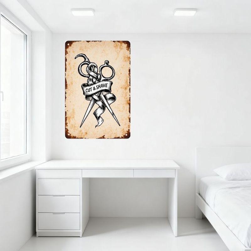 Vintage Barbershop Metal Tin Sign, Beige Weathered Retro Scissors & Shave Ribbon Banner Art Decor for Home Man Cave Cafe Pub