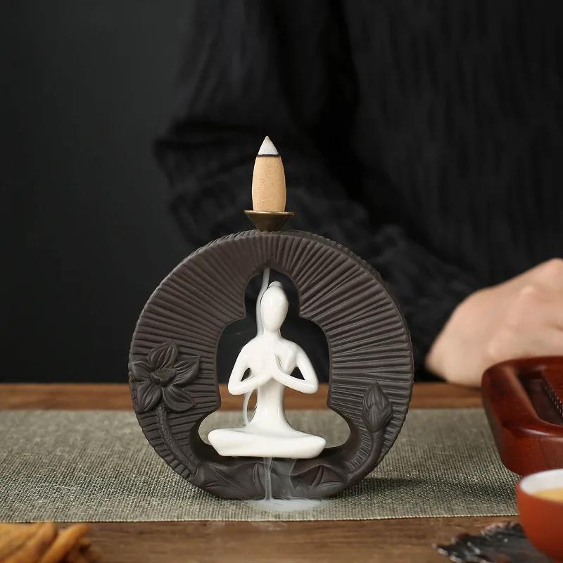 1pc Buddha's Light Shine Type Ceramic Yoga Girl Backflow Incense Burner Use In Office Teahouse Home Decor (Without Incense)