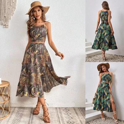 Women's 2-Piece Top & Skirt Set Sleeveless Flower Print Suspender Straps Top A-Line Ankle-Length High Waist Skirts Suit
