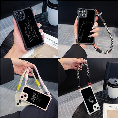Ae79 Damen Gerahmte Schwarze Kunst Weiche Handyhüllen für iPhone 16 15 14 13 12 11 Pro Max 7 8 Plus XR XS mit Handgelenkschlaufe Lanyard Eckenschutz Rückseite