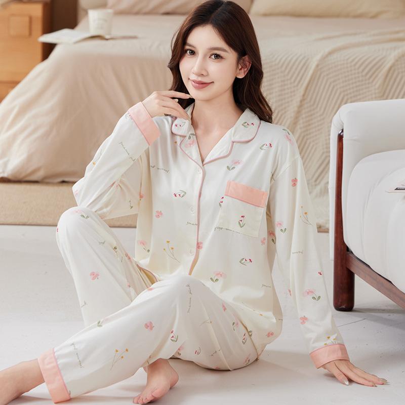 Baumwollimitat Pyjama Damen Herbst pastoral floral langärmlig lässige Mode Loungewear mittelgrüner Anzug