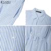 ZANZEA Women Casual Turn Down Collar Long Sleeve Stripe Dress