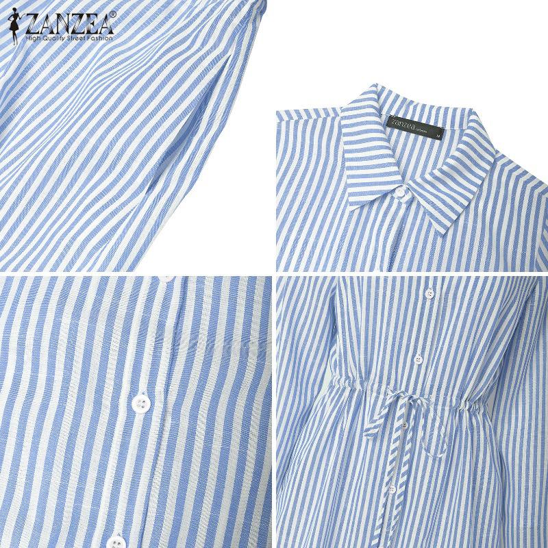 ZANZEA Women Casual Turn Down Collar Long Sleeve Stripe Dress