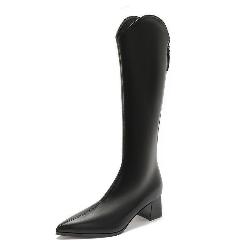 Spetsiga men knähöga stövlar med medelhög klack 2024 nya retro v-formad öppning tjock klack höga stövlar bakre dragkedja läderstövlar