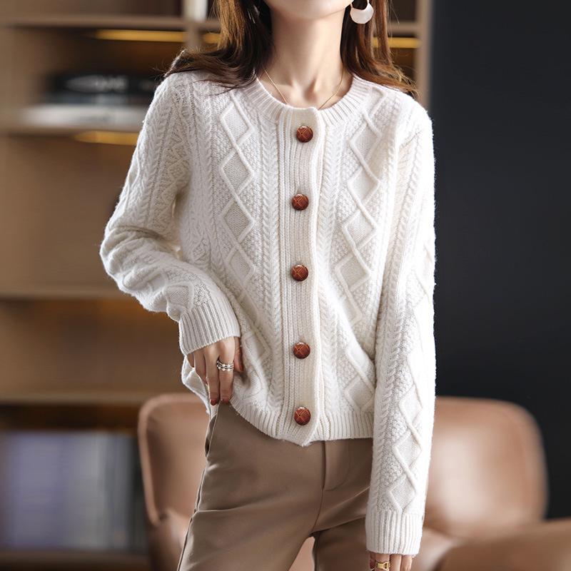 Women's Pure Wool Diamond Cable Knit Round Neck Cardigan – Korean Style Sweater Coat
