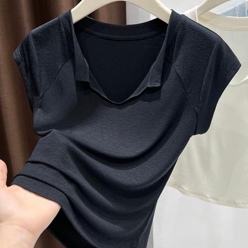 

2025 лето новый розовый футболка с V-образным вырезом и короткими рукавами женский темпераментный приталенный похудение западный стиль L чёрный