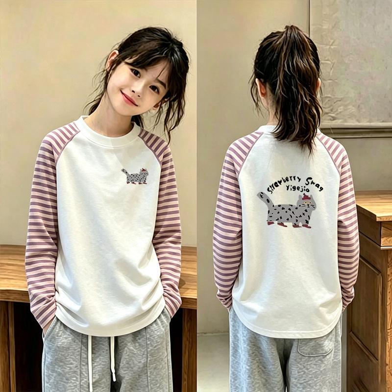 Girls' Stylish Patchwork Striped Long-Sleeve T-Shirt for Medium and Large Children: Autumn/Spring Fashion Round Neck Top