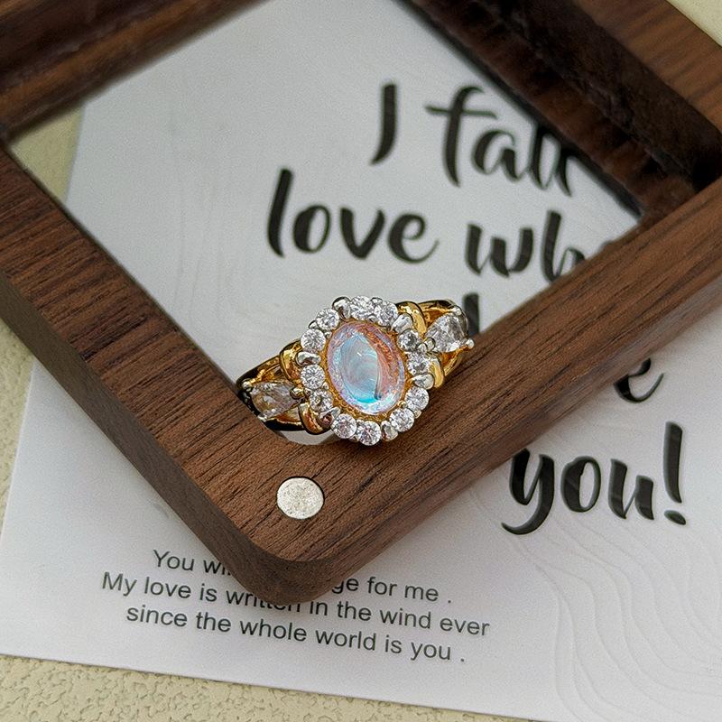 Light Luxury Blue Moonstone Retro Court Style Diamond-Encrusted Zircon Bead Open Ring Niche High-End Elegant Ring