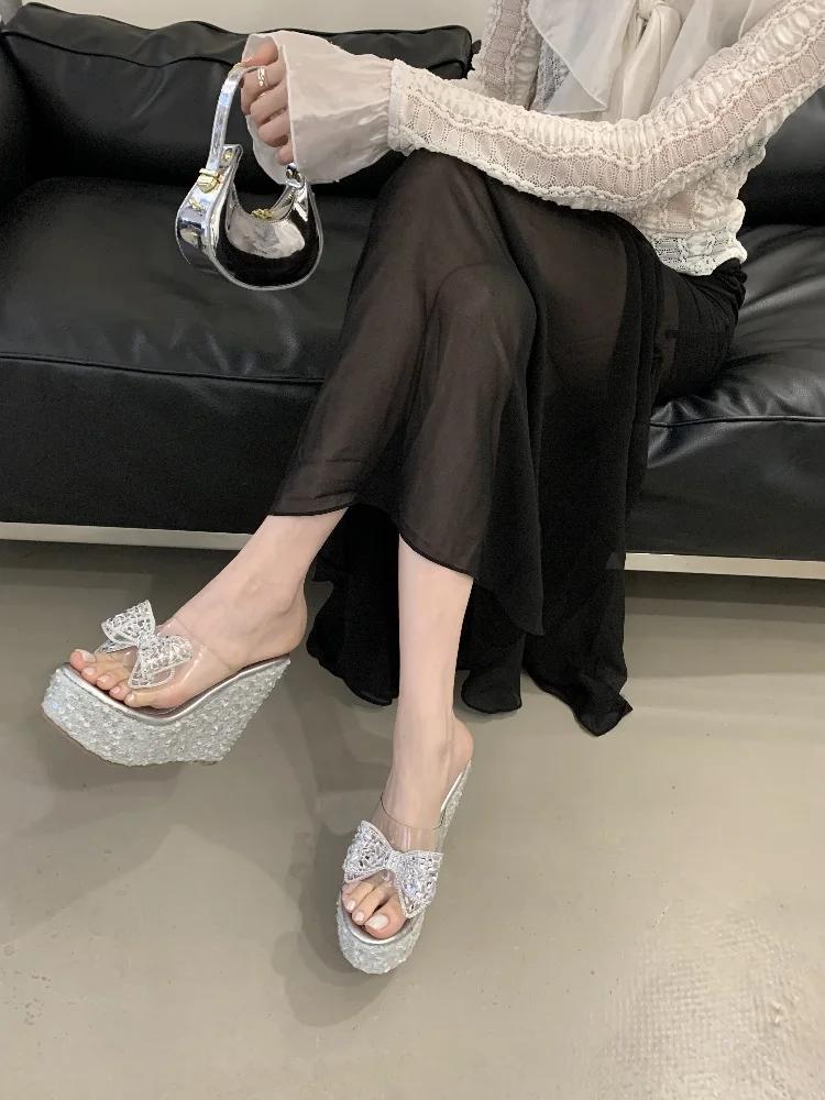 Summer PVC Transparent Butterfly-knot Sandals Women Open Toe Platform Wedges Heels Sequin Cloth Party Shoes
