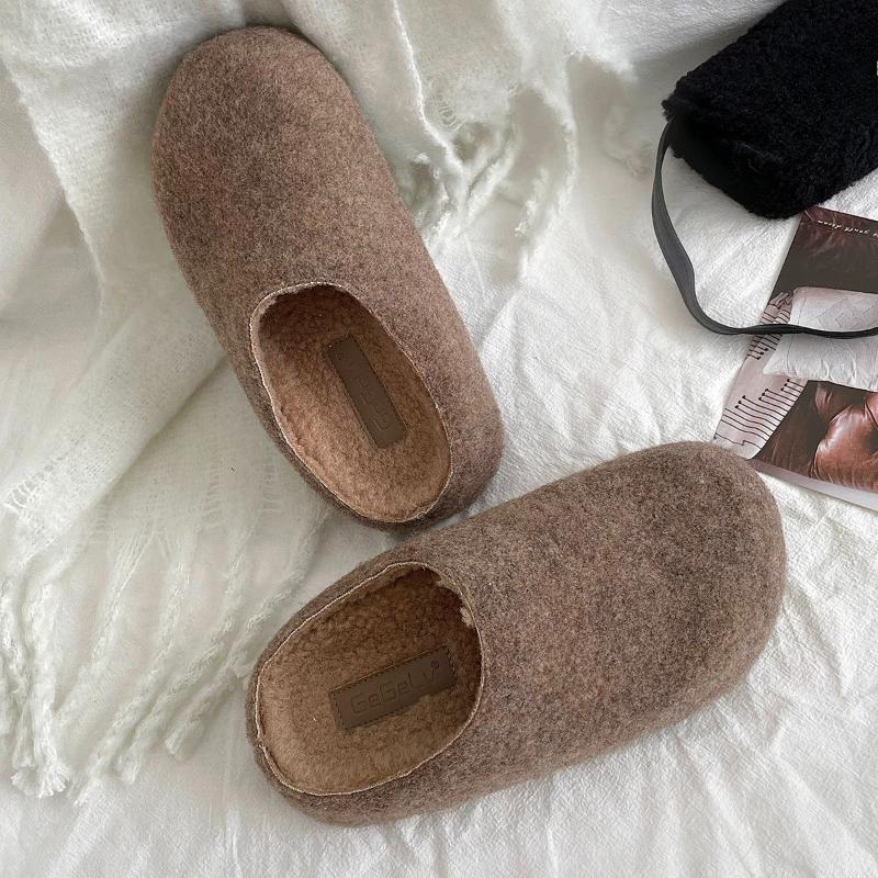 Осенне-зимние женские мюли-тапочки Лаконичные Круглый носок Платформа Плоская подошва Уличные шлепанцы Модные Вставные Обувь из шерстяной ткани 35 хаки 4080₽