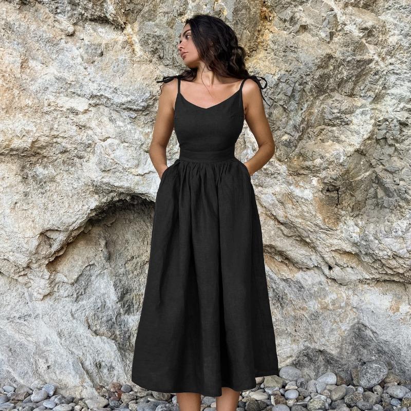 French Khaki Cotton Linen Breathable Halter High Waisted Dress Holiday Style Long Skirt Woman