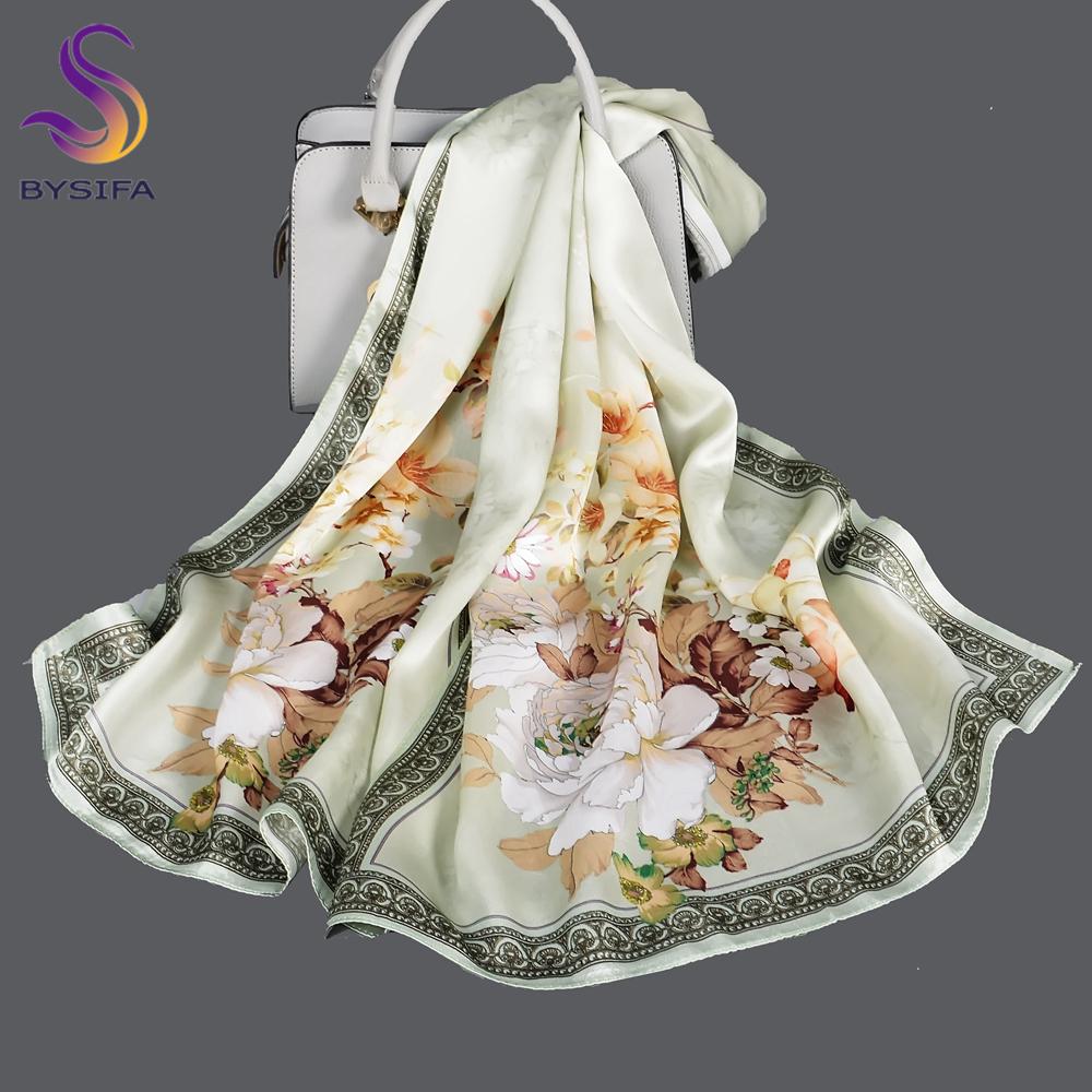 BYSIFA|New Beige Green Silk Scarves Bufanda Fashion Brand Autumn Winter Natural Pure100% Silk Scarf Hijab Shawl Echarpe 170*53cm