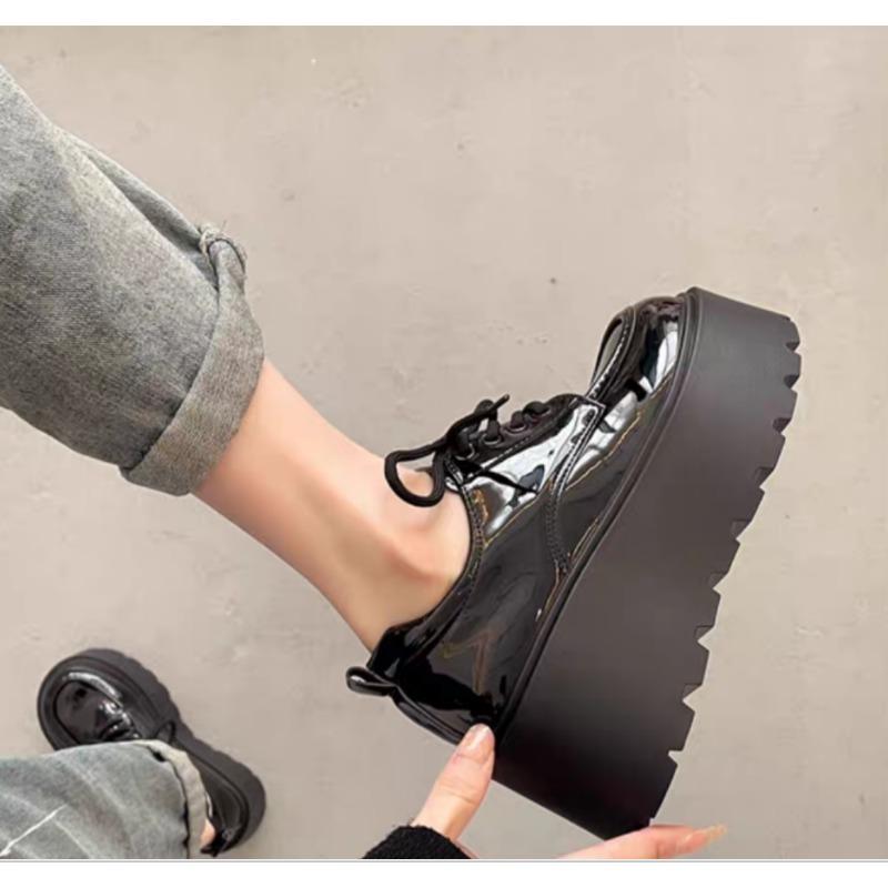 Fashion Women's Thick Soled 7CM Leather Shoes New British Lacing Non-slip Punk Loafers Versatile Retro Platform Casual Heighten Shoes