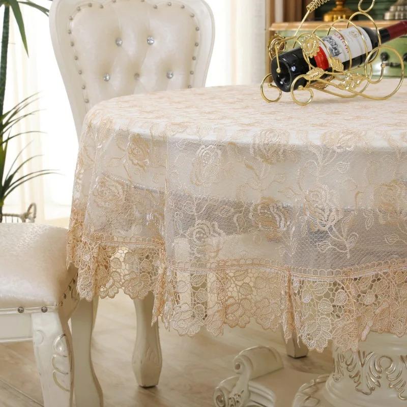 Tischdecke Beige Runde Tischdecke Bestickte Tischdecke Romantische Spitze Europa Hohl Transparent Rosenblume Glasgarnabdeckung