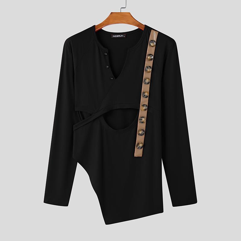 

INCERUN Men V Neck Long Sleeve Cutout Irregular Casual Slim T-shirts Undershirts 3XL