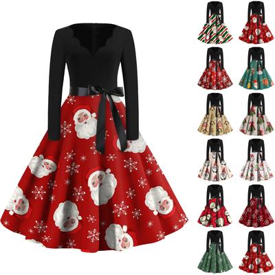 Women's Fashion V-Neck Casual Slim Christmas Printed Long Sleeve Dresses