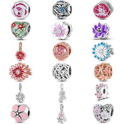Moda 925 Argento Ciondolo Perline Fiore di Primavera Adatto Originale Bracciale Fai da Te Per Ciondolo Collana Creazione Regalo Donna
