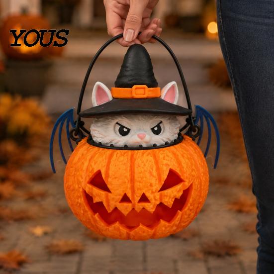Kids Holiday Gift Halloween Cat Pumpkin Lantern, 3D Printed Glowing Figurine Witch Decoration with Hat, Spooky Tabletop Ornament, Festive Party