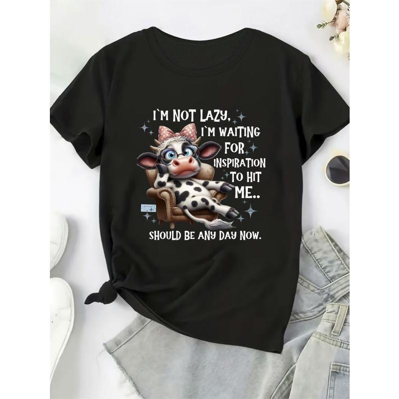 Funny Lazy Cow T-Shirt with I m Not Lazy I m Waiting for Inspiration Slogan - Black Casual Short Sleeve Tee with Lazy Cow in Bow S чёрный