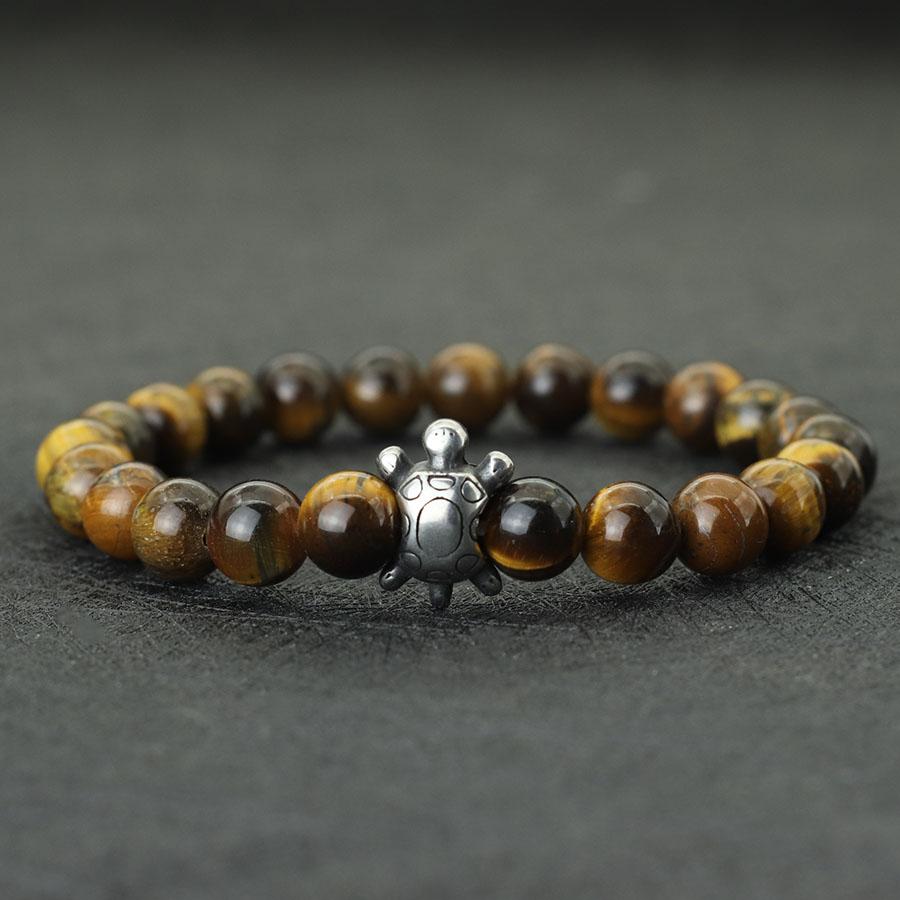 Simple Style Natural Stone Beaded Bracelet For Men Stainless Steel Turtle Braslet Surfer Nautical Ocean Cuckold Braclet Pulsera
