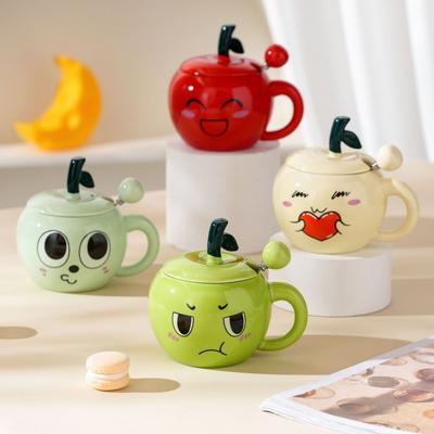 Cute Expression Apple Ceramic Cup with Lid and Spoon Mug High Looking Children's Milk Cup Gift Box Souvenir