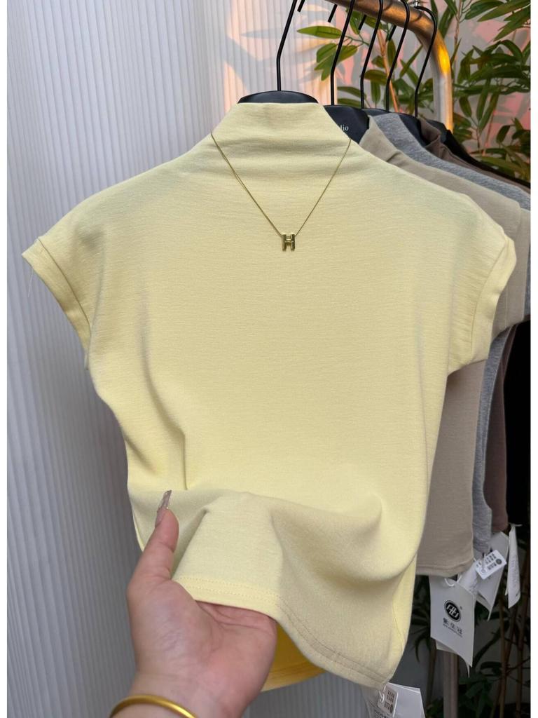 Damen Schwarzes Slim Kurzarm T-Shirt mit Halbochkragen, Frühjahr/Sommer Kollektion 2025