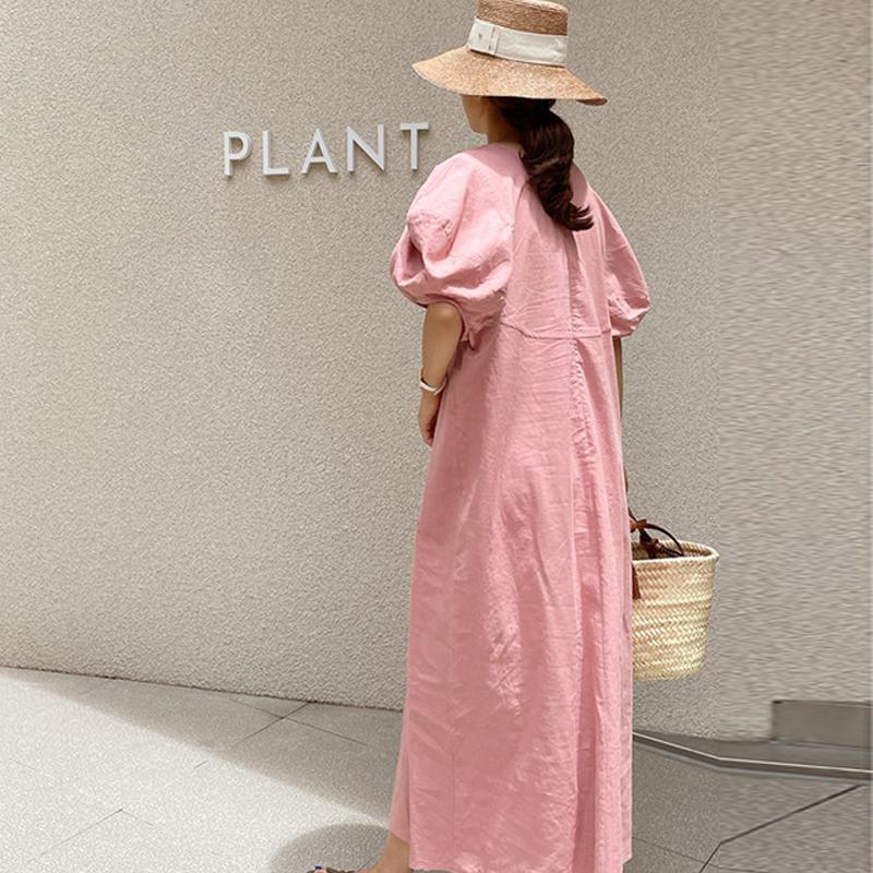Johnature French Vintage Balloon Sleeve Crew Neck Dress Women Summer Korean Loose Casual Dresses