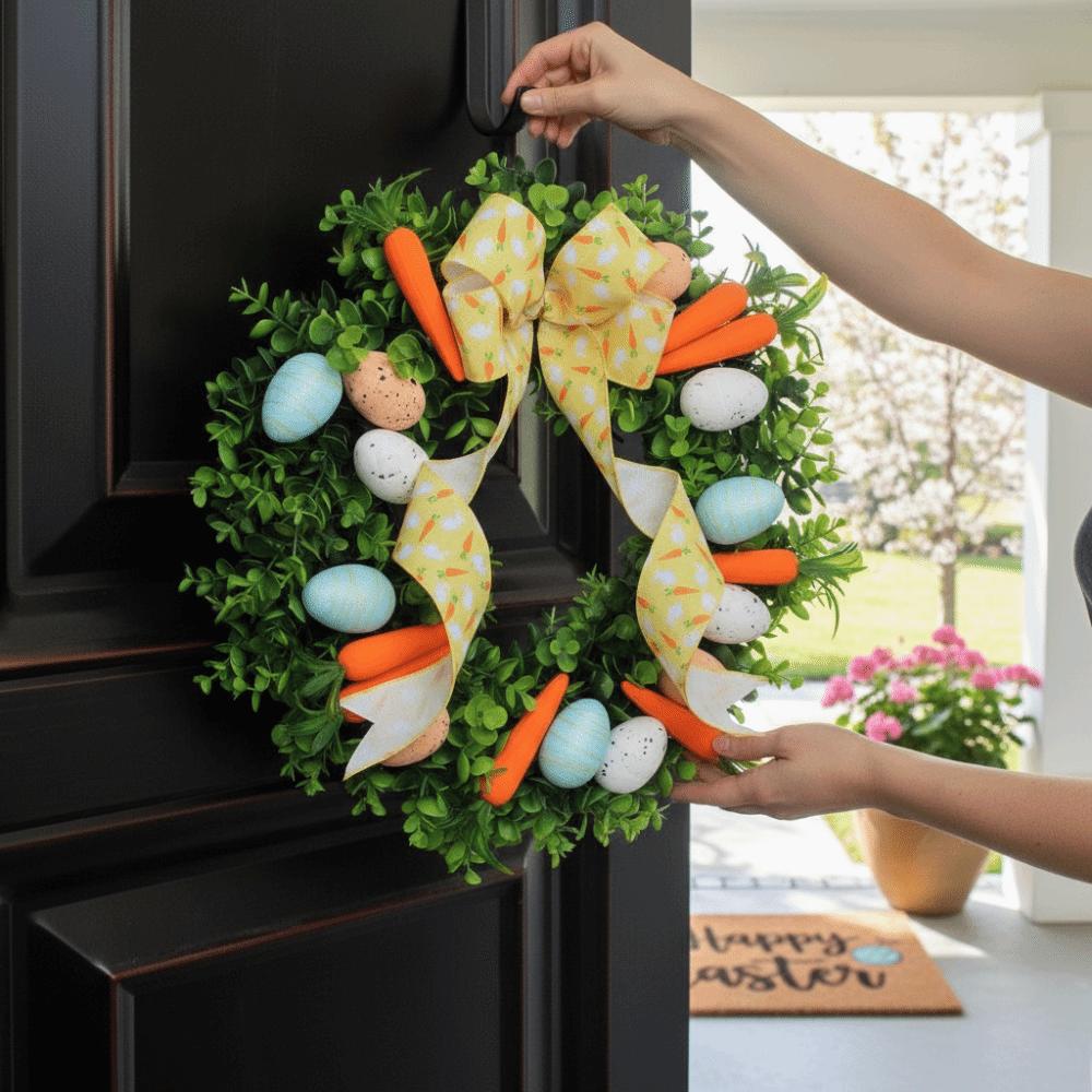Colorful Eggs Easter Wreath Carrots Design Handmade Front Gate Wreath Vibrant Colors Decorative Artificial Flower Wreath