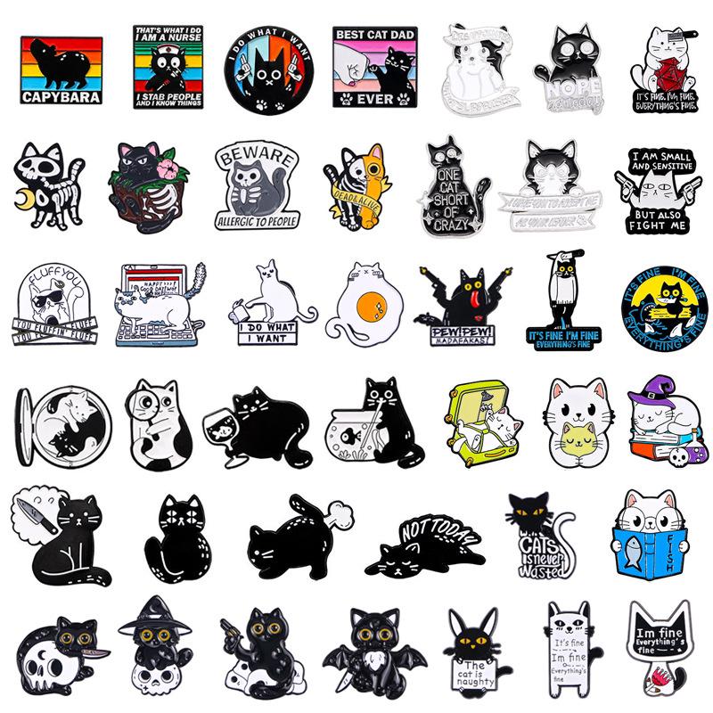 Cartoon Kitten Metal Brooch - Cute Black Cat with Gun