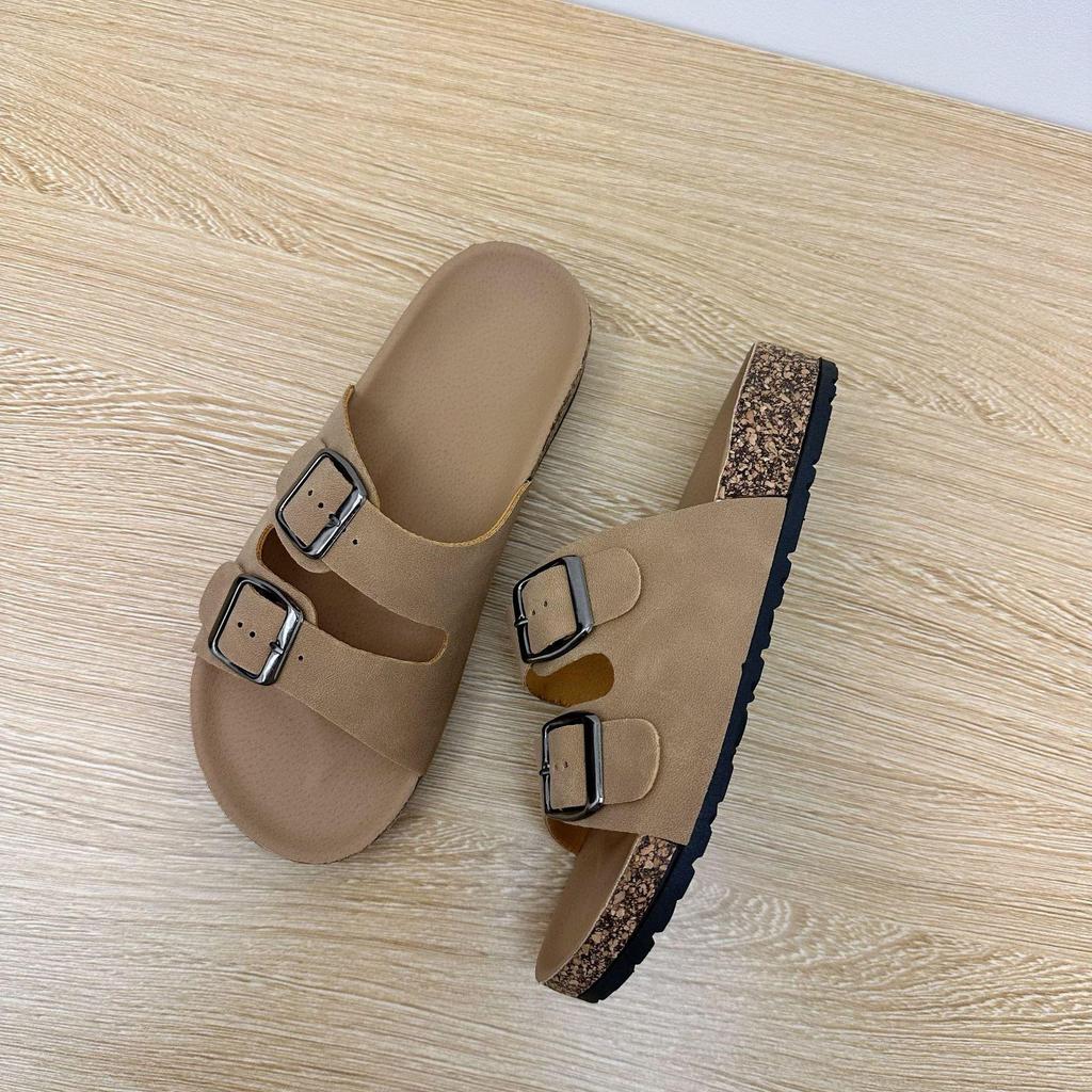 2025 Women's Plus Size Casual Beach Cork Slippers with Double Buckle