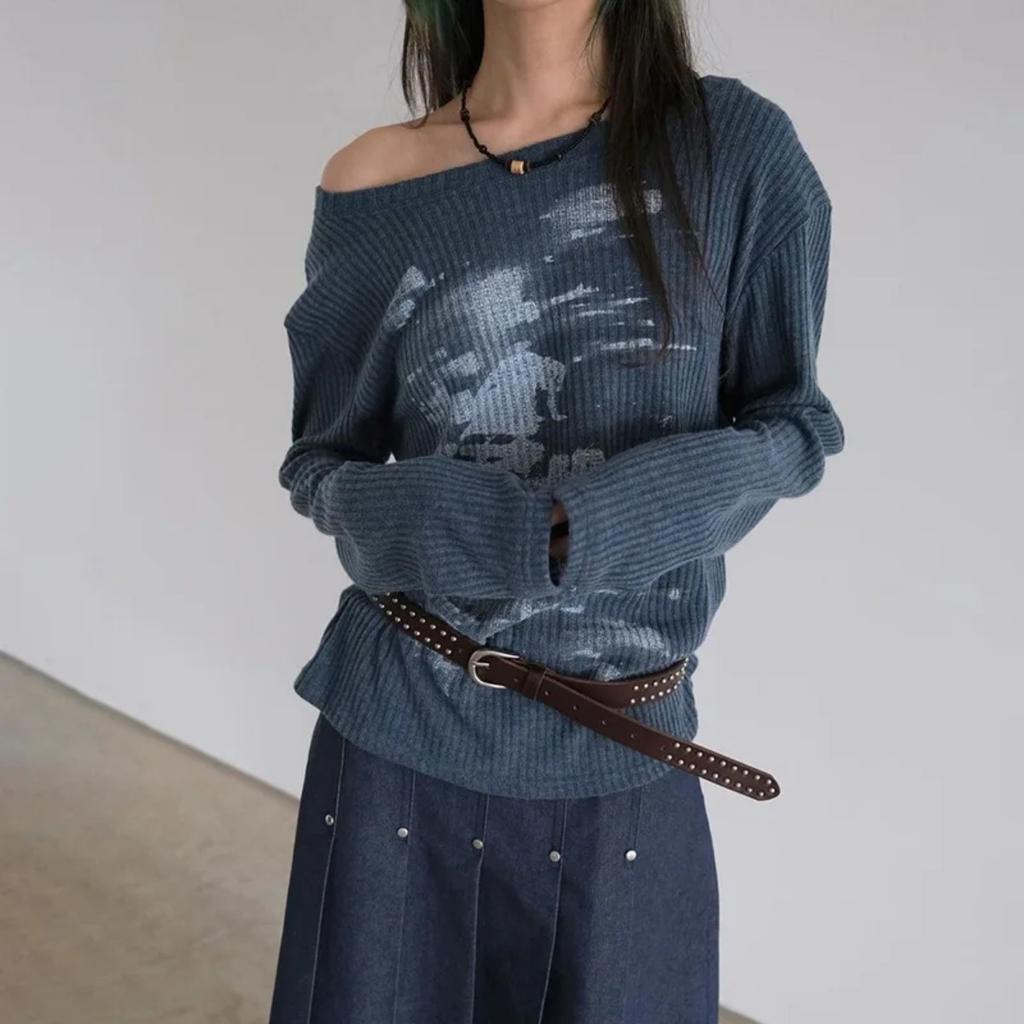 VAYLA Podzimní Harajuku Dámská Trička s Potiskem Vintage Streetwear Grunge Asymetrický Límec Topy Y2k Estetika Volné Ležérní Hiphop Vintage Topy