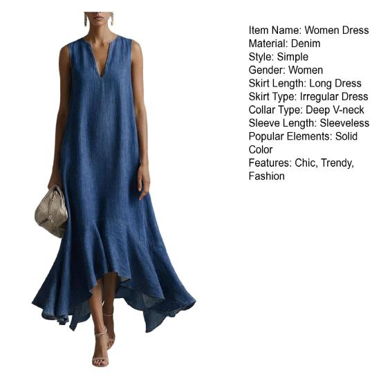 Women's Long Denim Dress Casual Loose Sleeveless V Neck Maxi Dress